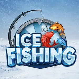 Spillflis for Ice Fishing fra Evolution med en fiskestang, fargerike fisker og et snødekt vinterlandskap