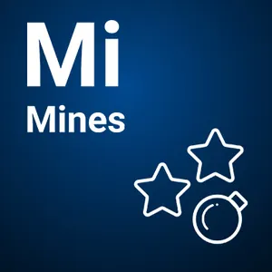 Spillflis for Mines fra Spribe med mørkeblå bakgrunn, to stjerner og en mine tegnet med hvite streker