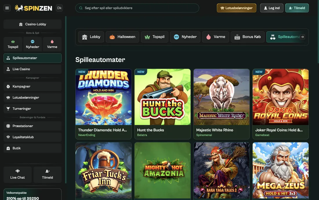 Skærmbillede af Spinzens slotslobby på dansk set fra Danmark, med søgefelt, kategorifaner og spilfelter