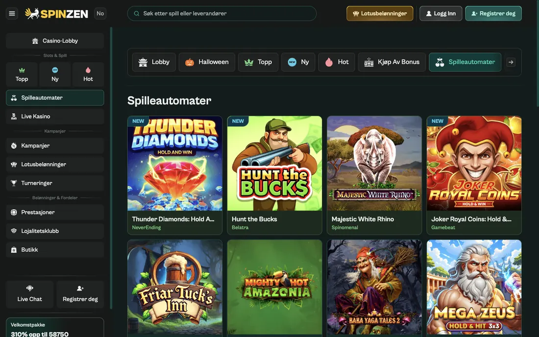 Skjermbilde av Spinzens automatlobby på norsk, med søkefelt, fanerad og spillfliser i rutenett