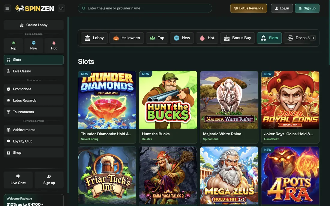 Skärmbild av Spinzens slotslobby på engelska sedd från Sverige, med sökfält, kategoriflikar och spelrutor